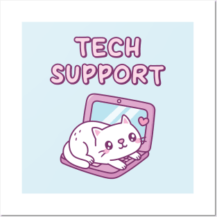 Cute White Cat Resting On Laptop Tech Support Funny Posters and Art